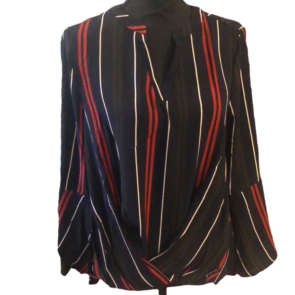 JODIFL BELL SLEEVE STRIPED TOP HIGH LOW HEM BLUE RED WHITE SIZE LARGE NEW - Picture 2 of 15